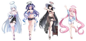 bikini black hair blue archive blush breasts choker flat chest garter gray hair group halo hat hayase yuuka kurosaki koyuki long hair navel pink eyes pink hair purple eyes purple hair red eyes see through shiranui (nisioisin sinob) swimsuit third-party edit tsukatsuki rio twintails ushio noa white wink