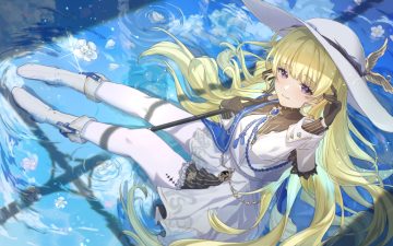 blonde hair boots bow clouds dress flowers gloves hat long hair pantyhose petals phoebe (wuthering waves) purple eyes reflection staff tagme (artist) water wuthering waves