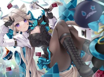 akatsuki hijiri aliasing animal ears boots bow breasts catgirl cleavage dress drink genshin impact gloves gray hair long hair lynette (genshin impact) pantyhose purple eyes signed