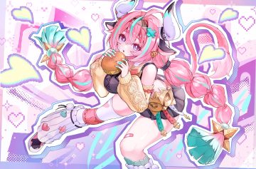 animal ears bandaid bell blush bow braids cowgirl food genshin impact headband heart hokkul horns long hair pink hair purple eyes skirt tail thighhighs twintails varesa (genshin impact)