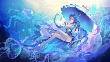animal blue blue eyes breasts cantarella (wuthering waves) cleavage dress fish garter belt headdress jira (0116) long hair purple hair stockings umbrella underwater water wuthering waves