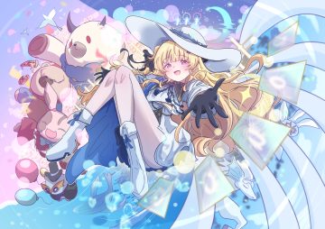 blonde hair blush boots dress giorgio (yo sumire sola1) gloves hat long hair magic moon pantyhose phoebe (wuthering waves) ponytail purple eyes teddy bear wuthering waves