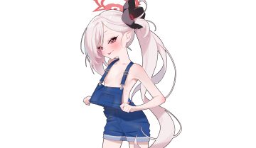 agnamore asagi mutsuki blue archive blush flat chest gray hair halo long hair no bra pointed ears ponytail purple eyes shorts third-party edit white