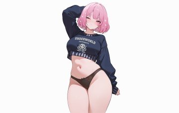 blush hololive koahri mori calliope navel panties pink eyes pink hair short hair third-party edit underwear white wink
