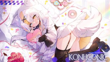 animal ears applecaramel (acaramel) ass bed bicolored eyes blush bow cat smile choker corset dress food garter belt hood koni iconic long hair nopan ribbons stockings tail watermark white hair