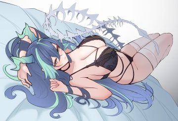 amelianna (vtuber) blue hair blush bones bra breasts cleavage green eyes horns long hair maruneco panties sketch thighhighs underwear