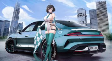 anthropomorphism azur lane black hair blue eyes breasts building car city clouds dress elbow gloves gloves hwah jah (azur lane) kcar66t no bra nopan short hair sideboob sky thighhighs tree