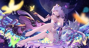 barefoot butterfly castorice (honkai: star rail) dress ermu (enmmm) flowers gloves headdress honkai (series) honkai: star rail moon navel pointed ears purple eyes purple hair water wristwear