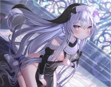 blush breasts flowers gray hair headdress long hair nipples no bra nopan nun original purple eyes sanada keisui socks