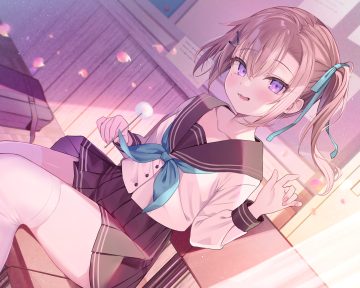 blush brown hair ebihara beniko flat chest original petals ponytail purple eyes school uniform thighhighs