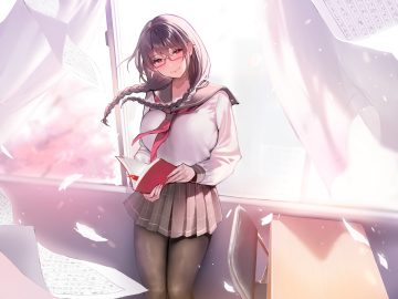 blush braids brown hair glasses inushima long hair original pantyhose petals red eyes school uniform twintails