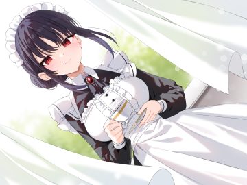 apron black hair blush drink headdress maid original red eyes yon (letter)