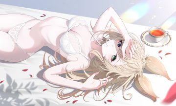 animal ears bicolored eyes blonde hair bra breasts cleavage drink final fantasy final fantasy xiv long hair navel panties petals sikimosh underwear warrior of light