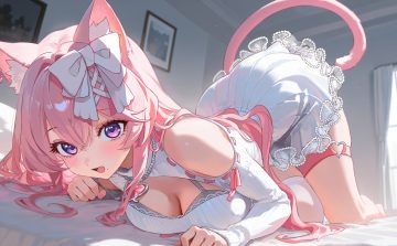 animal ears bed blush bow bra breasts catgirl cat smile cleavage close dress fang garter haku yuan long hair necklace nymphelia (vtuber) pink hair purple eyes ribbons tail thighhighs underwear