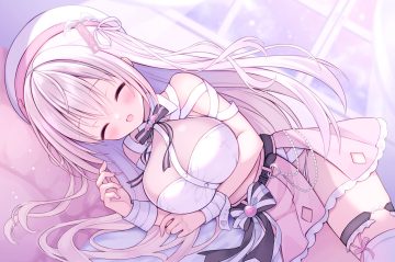 bandage blush bow breast hold breasts garter hat izuminanase long hair naito mare (vtuber) signed skirt thighhighs white hair wristwear