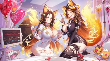 animal ears bed blush boots breast hold breasts brown hair candy chain chocolate cleavage dress elbow gloves fang fire garter garter belt gloves gothic headdress horns long hair magic mitsu (mitsu art) necklace nopan nurse paper sinder (vtuber) stockings tail thighhighs valentine watermark wings wolfgirl yellow eyes zettai ryouiki