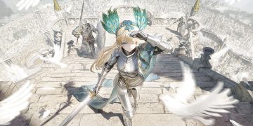 3d animal armor bird blonde hair building city cross feathers headdress johnblack long hair original stairs sword weapon wink