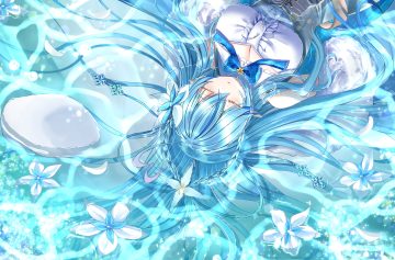 aqua hair blush braids breasts cleavage corset flowers hat hololive long hair mint mia petals pointed ears water yukihana lamy