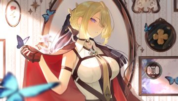 blonde hair braids butterfly cape choker close evelyn chevalier gloves mashiro io purple eyes shirt short hair tie zenless zone zero
