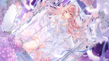 animal bicolored eyes bird blush bow cage dress feathers flowers garter headband isari sensei long hair mirror pink hair ribbons skirt lift tagme (character) watermark wings
