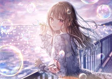 blush brown hair bubbles clouds dress long hair original pink eyes sakura (39ra) sky water