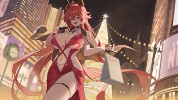 bannou ippoutsukou blush breasts building cape christmas city cleavage collar dress fang garter gloves goddess of victory: nikke horns long hair navel night red hair red hood (nikke) sky tree yellow eyes