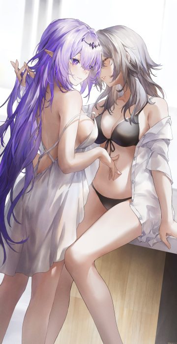 swkl:d honkai: star rail castorice stelle bikini dress dress shirt no bra open shirt pointy ears swimsuits yuri