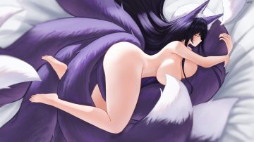 animal ears anthropomorphism azur lane barefoot bed black hair breasts foxgirl long hair multiple tails musashi (azur lane) nude sleeping tail watermark wjy1347193