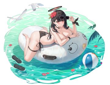 animal ass bakoko ball barefoot bikini bird black hair blue archive blush breasts garter halo long hair petals red eyes sunglasses swimsuit topless tsukatsuki rio water wristwear