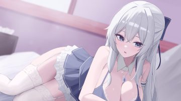 bed blue eyes blush bow breasts cleavage close erikon (eruge) garter belt gray hair long hair necklace original sei (0724sei6) skirt stockings