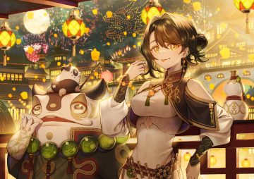 animal black hair building chinese clothes city dress drink fireworks frog necklace night original sake short hair sho (sumika) sky wristwear yellow eyes