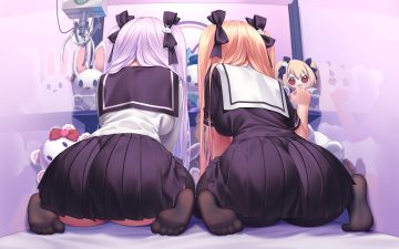 2girls ass barefoot blonde hair gray hair long hair niliu chahui original pantyhose school uniform skirt lift tagme (artist) thighhighs tokisaki asaba tokisaki mio twintails