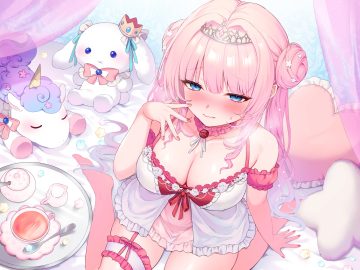 ayomo ro bed blue eyes blush breasts choker cleavage drink fang garter long hair original panties pink hair see through tiara underwear