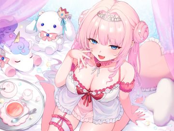 ayomo ro bed blue eyes blush breasts choker cleavage drink fang garter long hair original panties pink hair see through tiara underwear