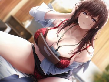 bra breast hold brown hair jk ssma long hair open shirt original panties purple eyes shirt skirt lift spread legs underwear