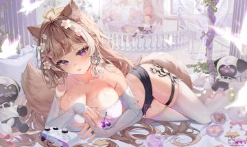 animal ears bed blush bow braids breasts brown hair bunny butterfly catgirl cherry cleavage flowers food fruit game console garter isari sensei long hair navel no bra purple eyes shorts tail teddy bear thighhighs watermark wet