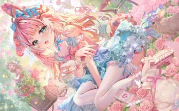 animal animal ears aqua eyes blush bow bunny bunny ears bunnygirl choker fang flat chest flowers isari sensei long hair pink hair rabbit ribbons rose skirt tail thighhighs watermark