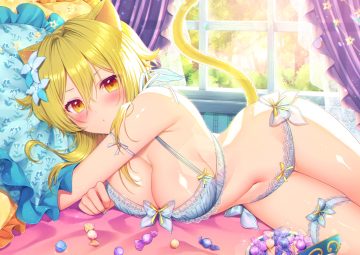 animal ears bed blonde hair blush bow bra breasts candy catgirl cleavage garter genshin impact lumine (genshin impact) minatsuki arumi navel panties ribbons tail underwear yellow eyes