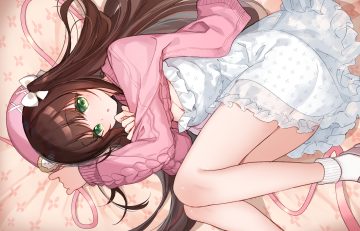 aliasing bed bison cangshu bow breasts brown hair cleavage dress green eyes hat long hair original ribbons see through socks summer dress twintails