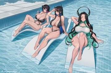 aradia ravencroft barefoot bikini black hair breasts choker cleavage drink hololive horns long hair malpha ravencroft navel nerissa ravencroft pink eyes pool red eyes seventeencrows short hair sunglasses swimsuit water