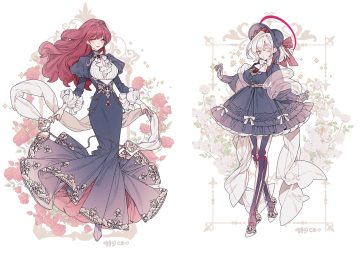 2girls bicolored eyes bow chain dress flowers goth-loli headdress lemon89h lolita fashion long hair original red hair rose see through signed skirt lift white white hair yellow eyes