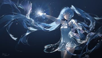 bell blackmeow blue blue eyes blue hair bow choker dark dress gloves hatsune miku long hair miku symphony (vocaloid) see through signed tattoo twintails vocaloid