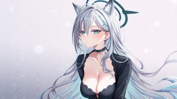 animal ears aqua eyes blue archive breast hold breasts choker cleavage gradient gray gray hair halo long hair narijade shiroko (terror) (blue archive) signed sunaookami shiroko wolfgirl
