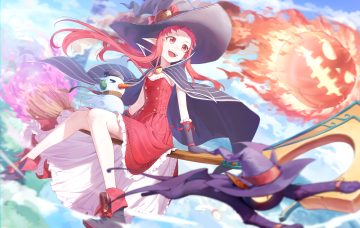 animal bandaid boots bow cape cat clouds dress dungeon and fighter elbow gloves female mage (dnf) fire flat chest gloves hat long hair magic pointed ears pumpkin red eyes red hair ribbons sky snow snowman soeyumi witch witch hat