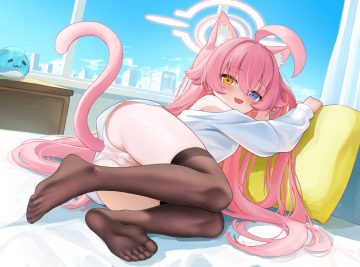 animal ears ass bed bicolored eyes blue archive blush building cameltoe catgirl city clouds fang halo loli long hair panties ping9137 pink hair see through sky tail takanashi hoshino thighhighs underwear