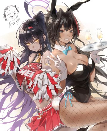 sagi (sagi 0116) blue archive goddess of victory: nikke bay kakudate karin animal ears bandaid bunny ears bunny girl cheerleader cosplay crossover fishnets halo no bra pantyhose see through skirt lift tail tattoo waitress