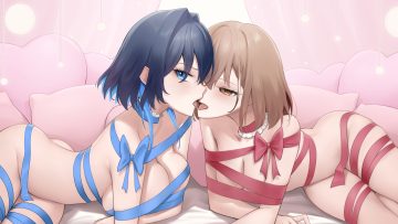 2girls ass bed black hair blue eyes blush bow breasts brown eyes brown hair choker hololive kiss nanashi mumei nude ouro kronii ribbons short hair somebody (leiking00) yuri