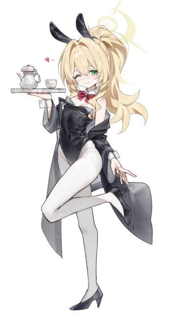 sugar (dndi888) blue archive professor niyaniya animal ears bunny ears bunny girl halo heels no bra pantyhose waitress