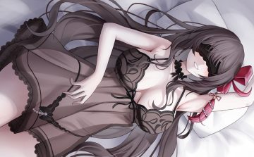bed blindfold blush bow breasts brown hair choker erbium long hair navel original panties see through underwear