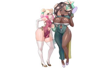2girls aliasing aqua eyes blonde hair blush breasts brown hair cat smile chinese clothes chinese dress cleavage dark skin dress elbow gloves fan gloves hime (splatoon) iida (splatoon) jtveemo long hair navel panties pointed ears short hair skintight splatoon tentacles thighhighs third-party edit underwear wet white yellow eyes